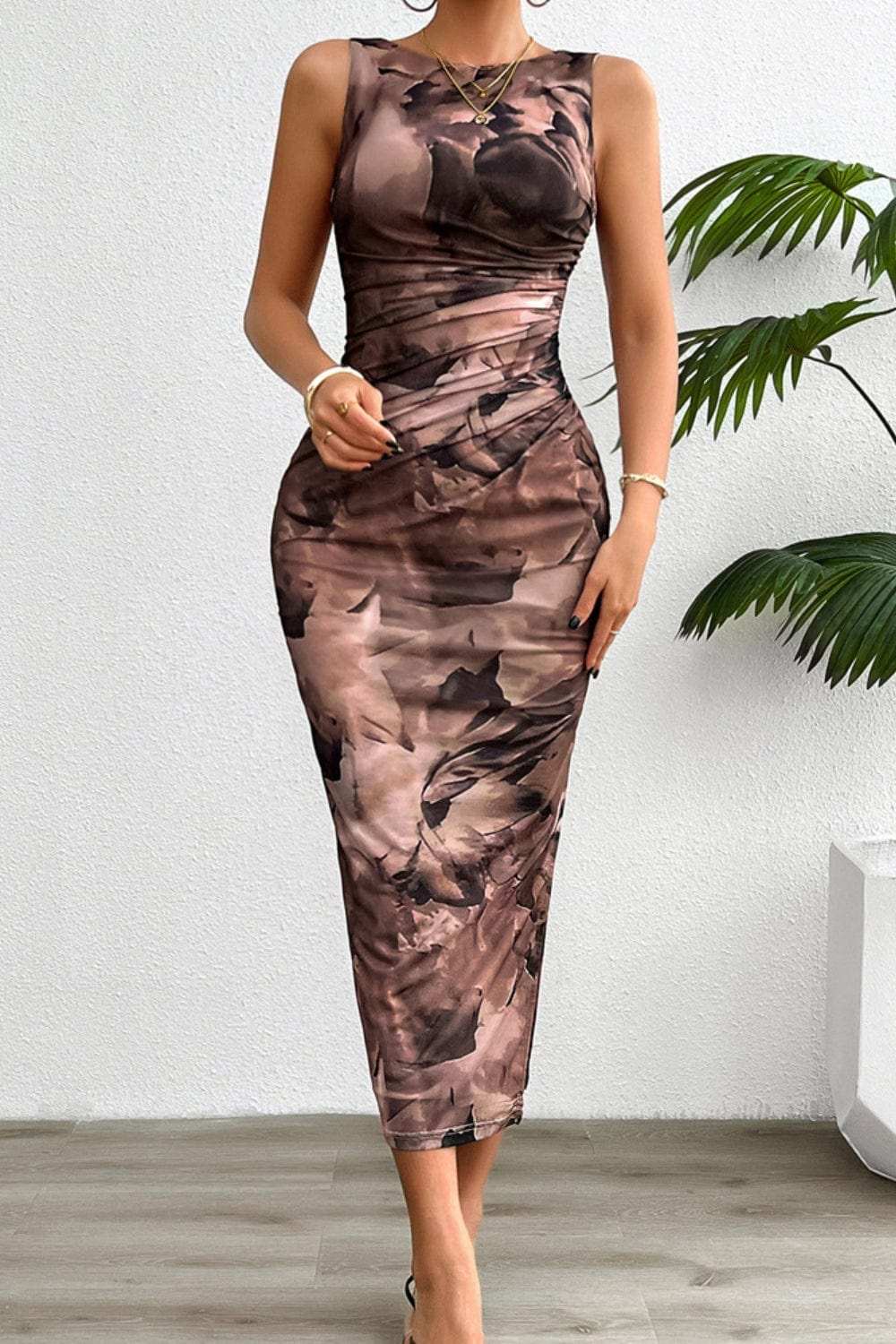 Printed Ruched Slit Sleeveless Midi Dress - Trendsi - Flyclothing LLC