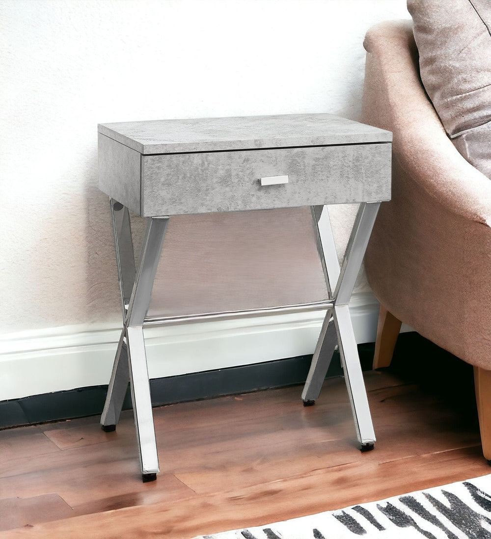 22" Silver And Gray Wood And Metal End Table With Drawer - Homeroots - Flyclothing LLC