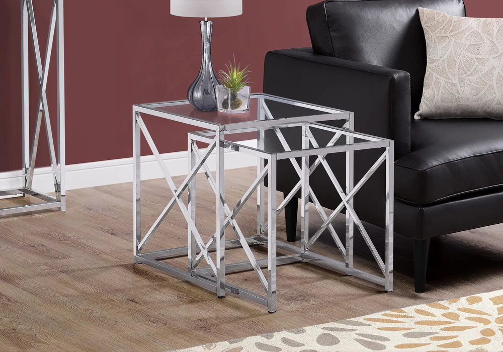 Set of Two 38" Silver And Clear Glass Square Nested Tables - Homeroots - Flyclothing LLC
