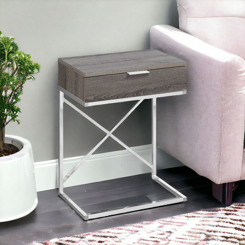 24" Silver And Taupe Wood And Metal End Table With Drawer - Homeroots - Flyclothing LLC