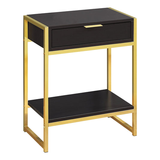24" Gold And Dark Brown Wood And Metal End Table With Drawer And Shelf - Homeroots