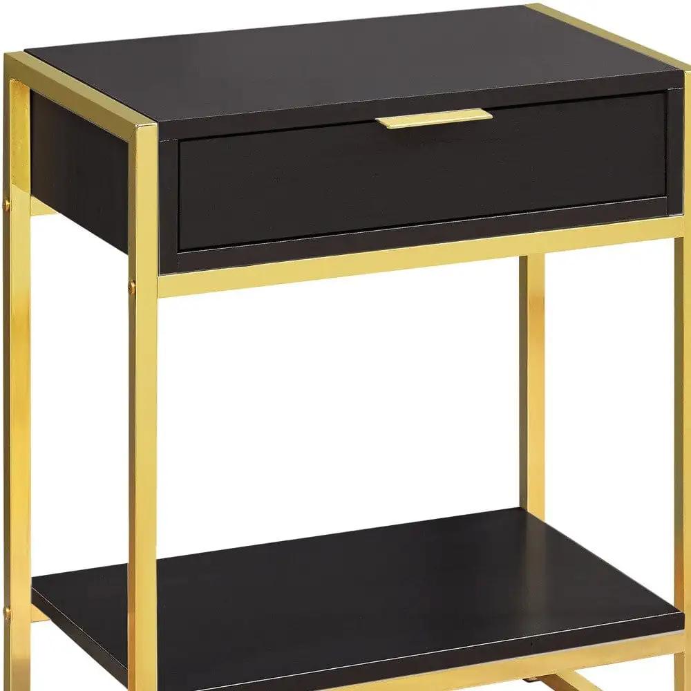 24" Gold And Dark Brown Wood And Metal End Table With Drawer And Shelf - Homeroots - Flyclothing LLC