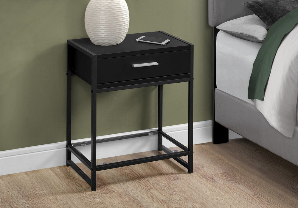 22" Black Glass And Metal End Table With Drawer And Shelf - Homeroots - Flyclothing LLC