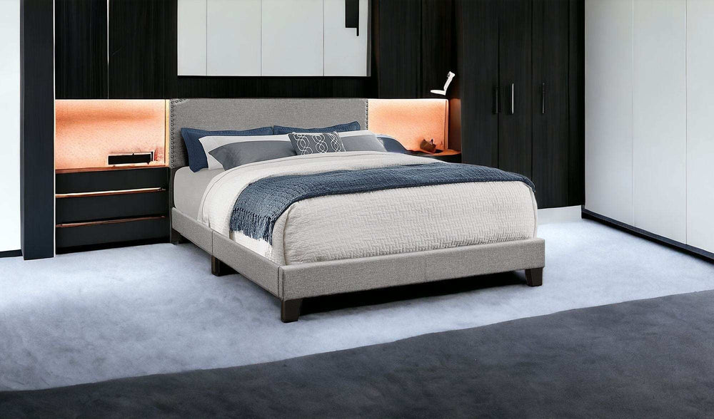 Gray Standard Bed Upholstered With Nailhead Trim And With Headboard - Homeroots - Flyclothing LLC