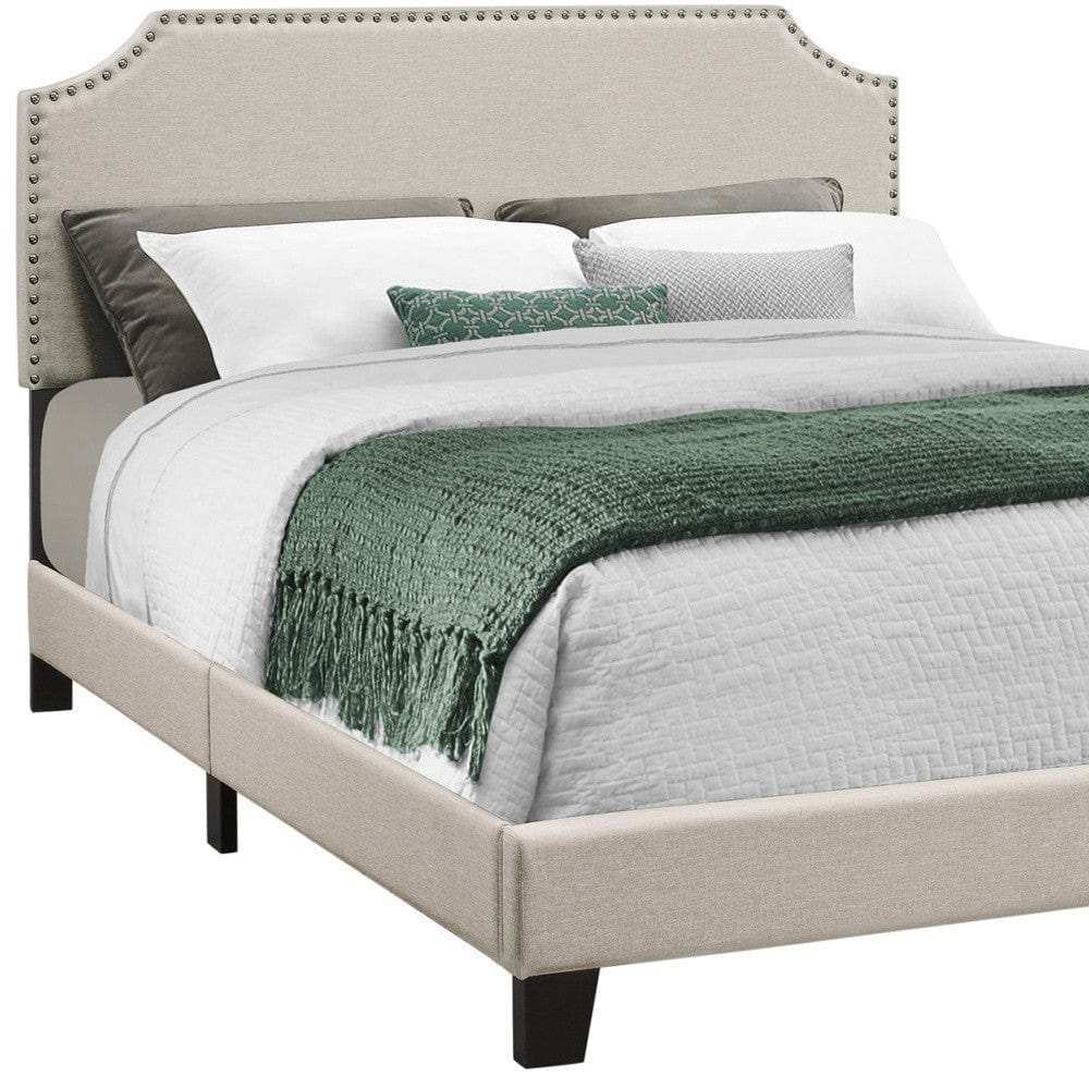 Beige Standard Bed Upholstered With Nailhead Trim And With Headboard - Homeroots - Flyclothing LLC
