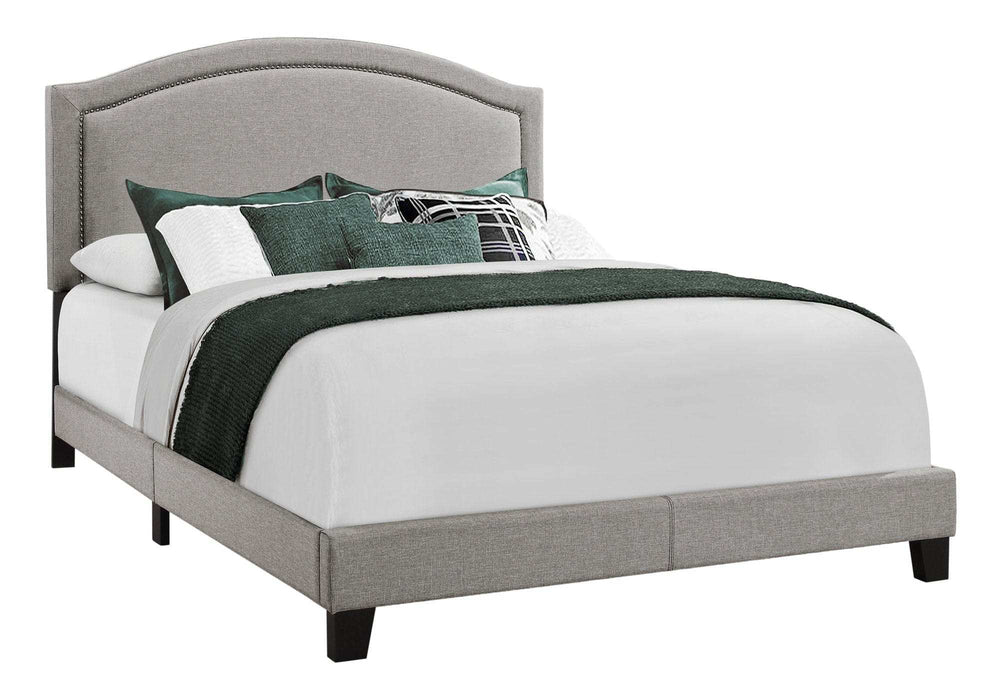 Gray Solid Wood Queen Upholstered Linen Bed Frame with Nailhead Trim - Homeroots - Flyclothing LLC