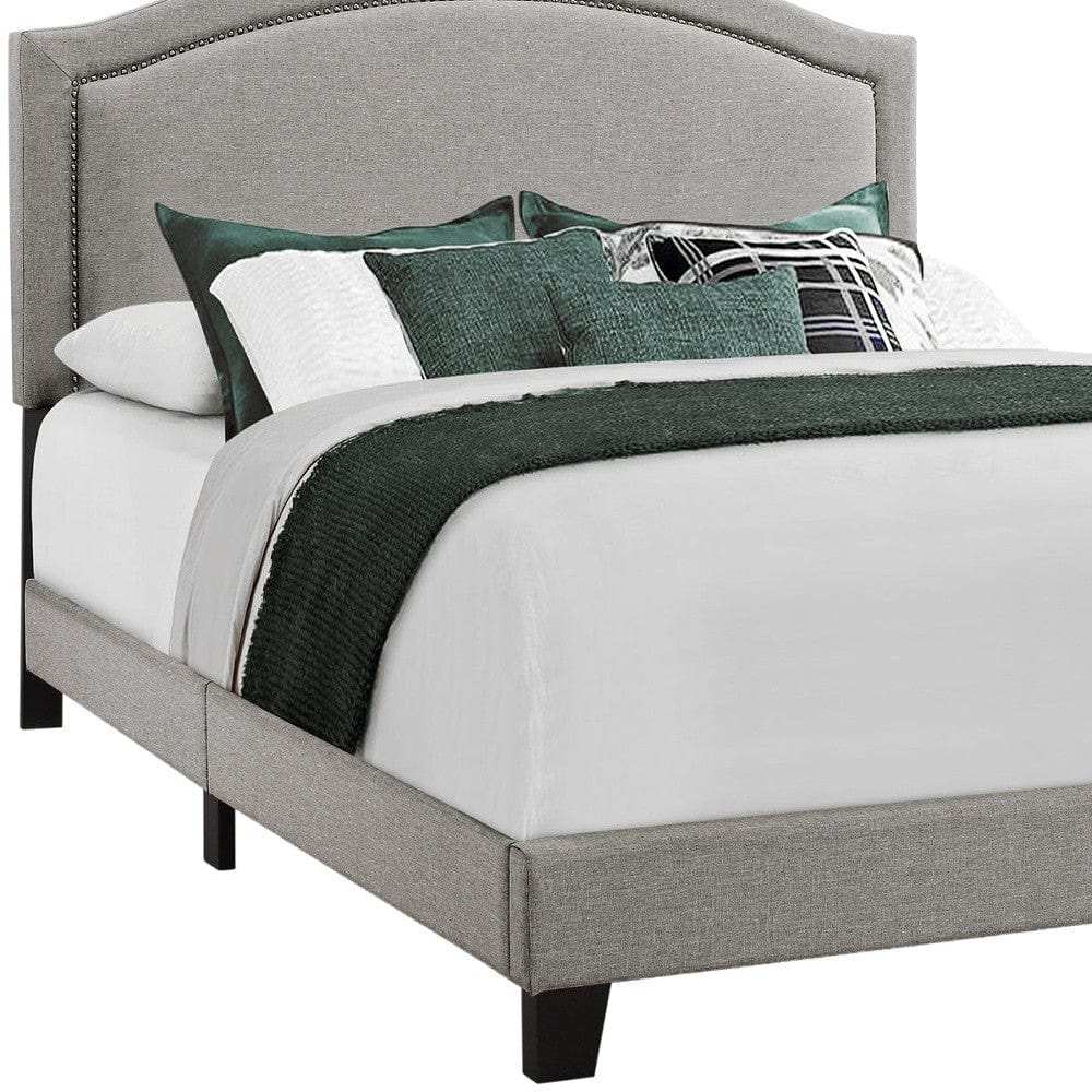 Gray Solid Wood Queen Upholstered Linen Bed Frame with Nailhead Trim - Homeroots - Flyclothing LLC