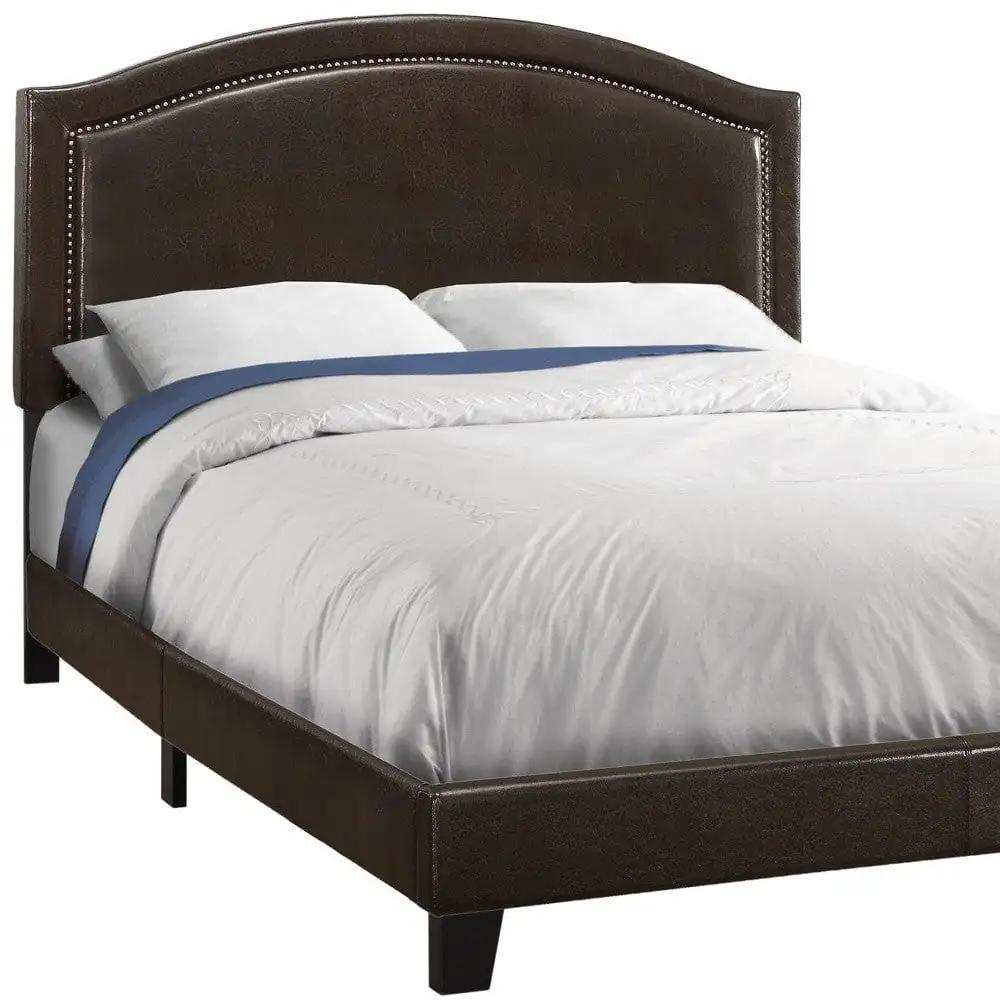 Brown Solid Wood Queen Upholstered Linen Bed Frame with Nailhead Trim - Homeroots - Flyclothing LLC