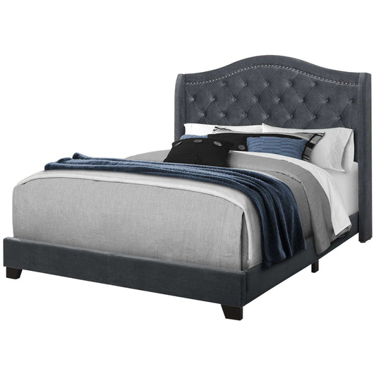 Solid Wood Queen Tufted Dark Gray And Gray Upholstered Velvet Bed - Homeroots - Flyclothing LLC