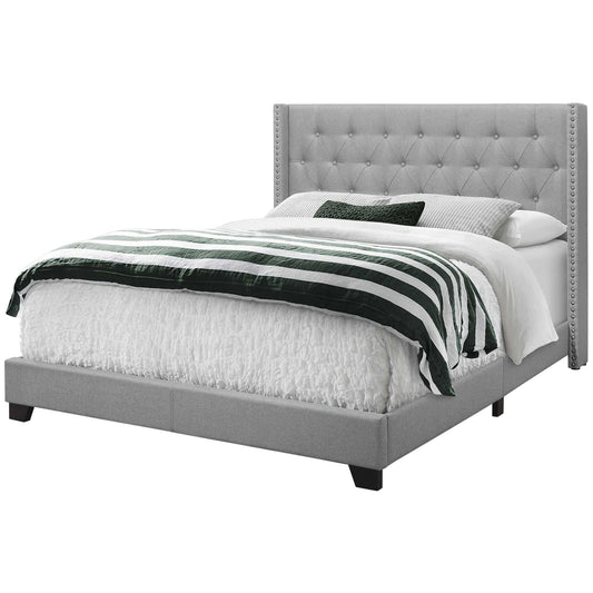 Solid Wood Queen Tufted Gray Upholstered Linen Bed With Nailhead Trim - Homeroots - Flyclothing LLC