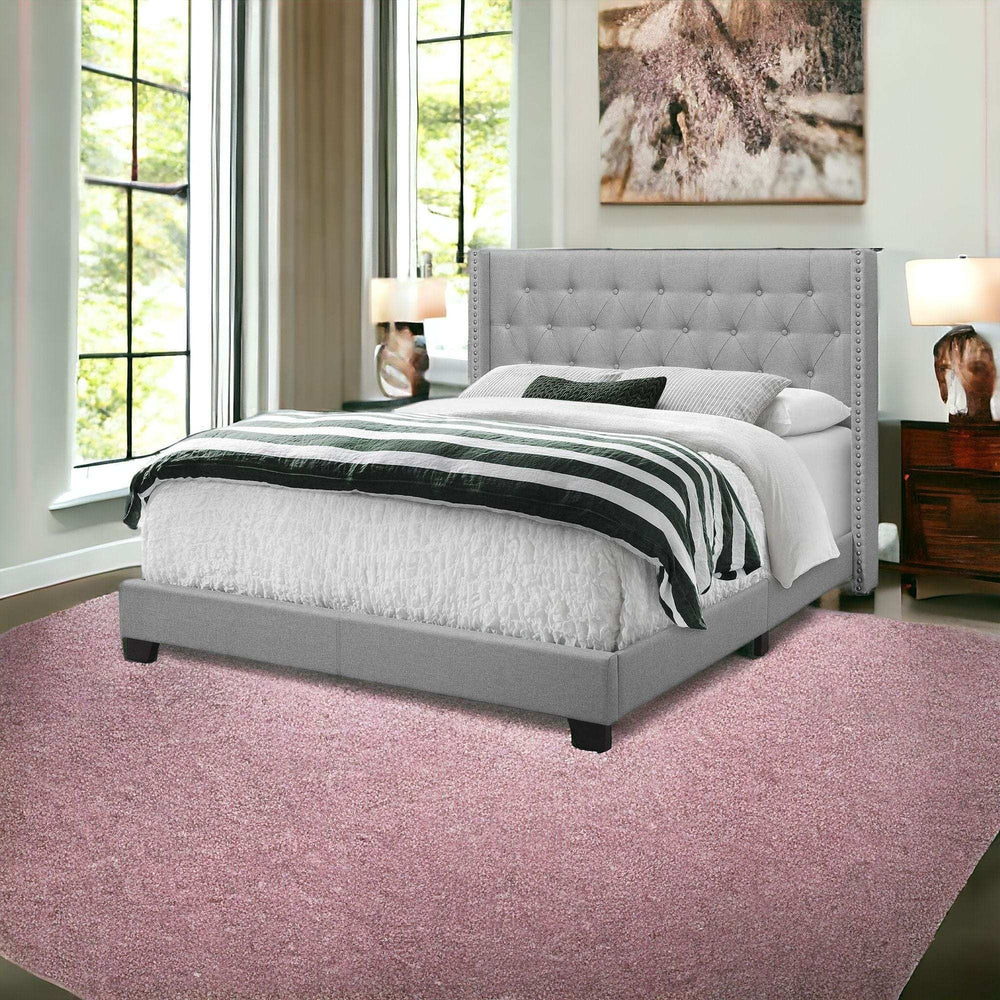 Solid Wood Queen Tufted Gray Upholstered Linen Bed With Nailhead Trim - Homeroots - Flyclothing LLC
