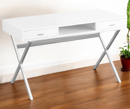24" White and Silver Computer Desk With Two Drawers - Homeroots