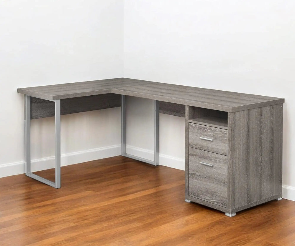 47" Taupe and Silver L Shape Computer Desk With Two Drawers - Homeroots - Flyclothing LLC