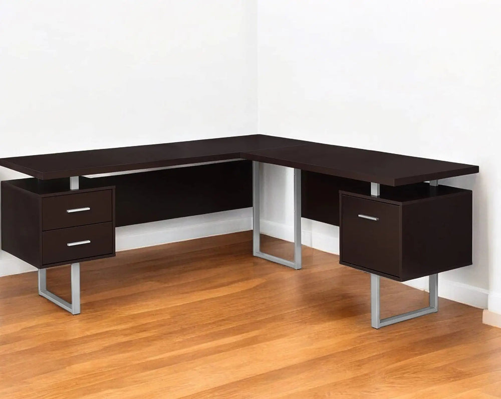 71" Brown and Silver L Shape Computer Desk With Three Drawers - Homeroots - Flyclothing LLC