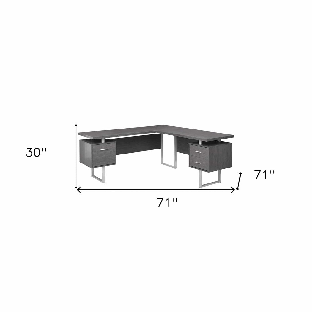 71" Gray and Silver L Shape Computer Desk With Three Drawers - Homeroots - Flyclothing LLC