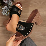 Buckle Trim Block Heel Sandals - Trendsi - Flyclothing LLC