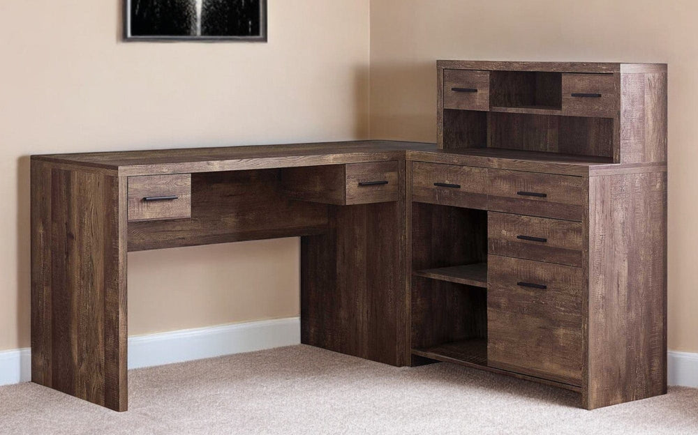 63" Brown L Shape Computer Desk With Eight Drawers - Homeroots - Flyclothing LLC