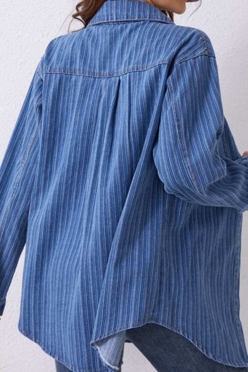Striped Texture Collared Neck Denim Top - Trendsi - Flyclothing LLC