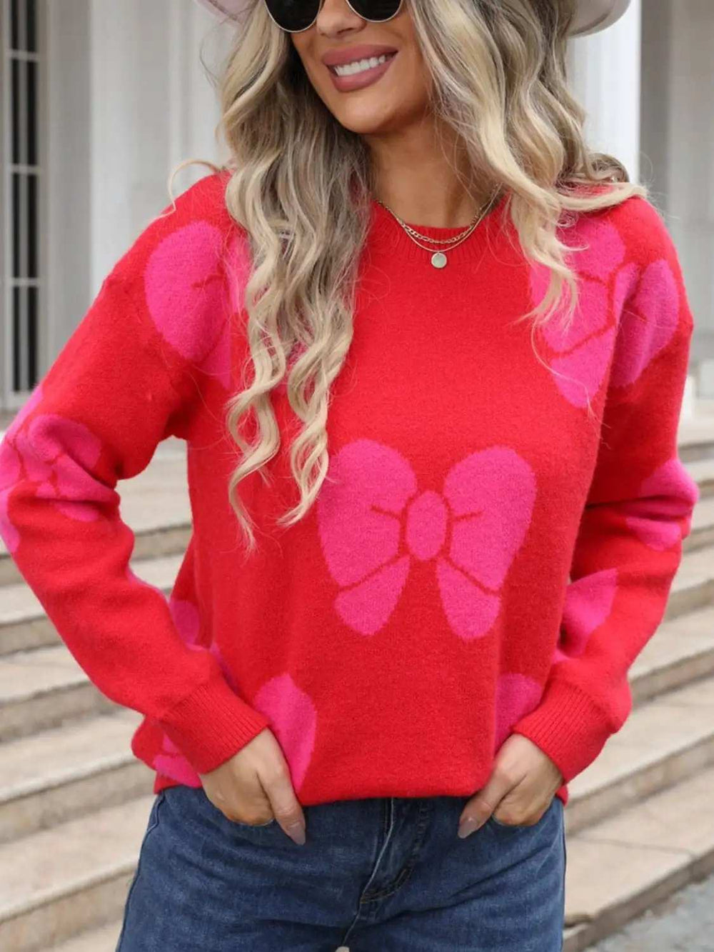 Angel Wings Bow Round Neck Dropped Shoulder Sweater - Trendsi - Flyclothing LLC