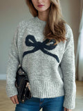 Bow Round Neck Long Sleeve Sweater - Trendsi - Flyclothing LLC