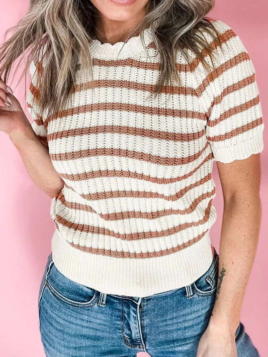 Stripe Scalloped Round Neck Short Sleeve Sweater - Trendsi - Flyclothing LLC