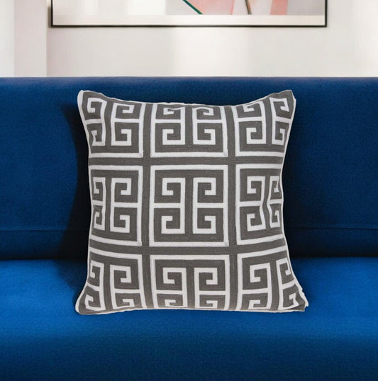 20" Gray and White Greek Key Cotton Throw Pillow - Homeroots
