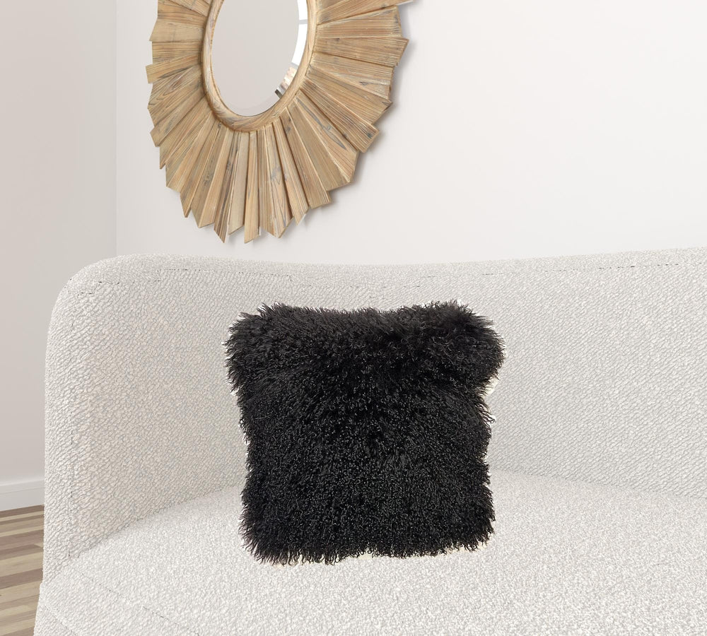 20" Black Genuine Tibetan Lamb Fur Pillow With Microsuede Backing - Homeroots - Flyclothing LLC