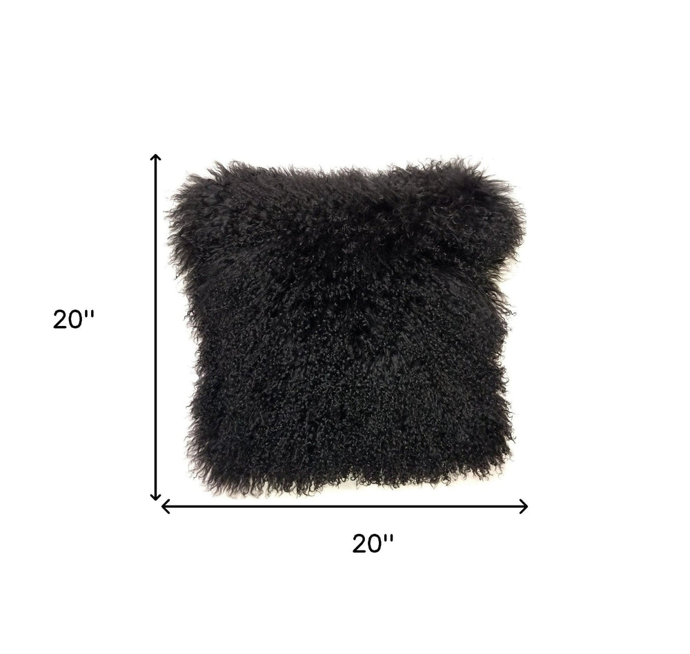 20" Black Genuine Tibetan Lamb Fur Pillow With Microsuede Backing - Homeroots - Flyclothing LLC
