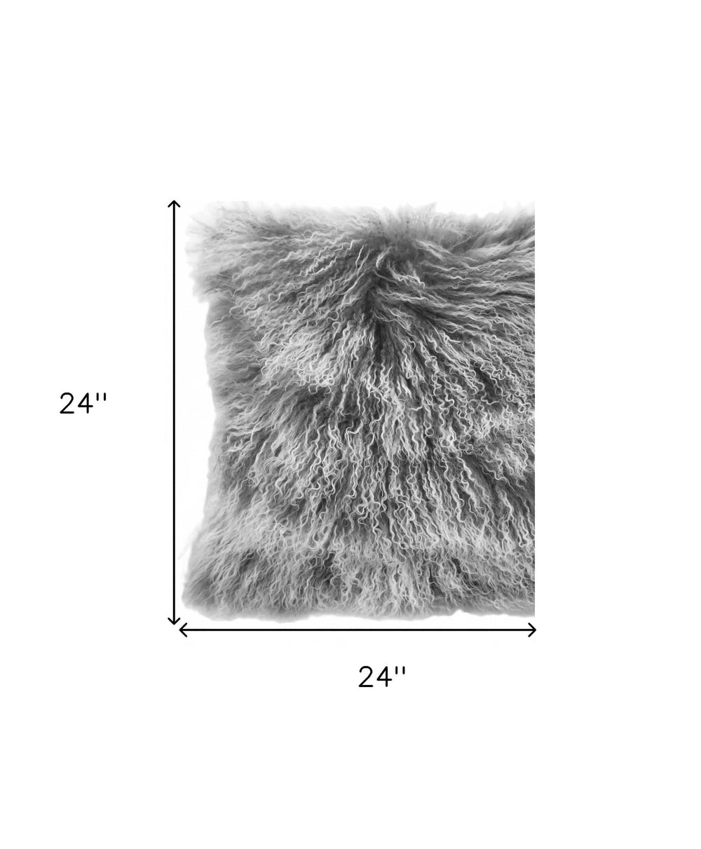 24" Grey Genuine Tibetan Lamb Fur Pillow With Microsuede Backing - Homeroots - Flyclothing LLC