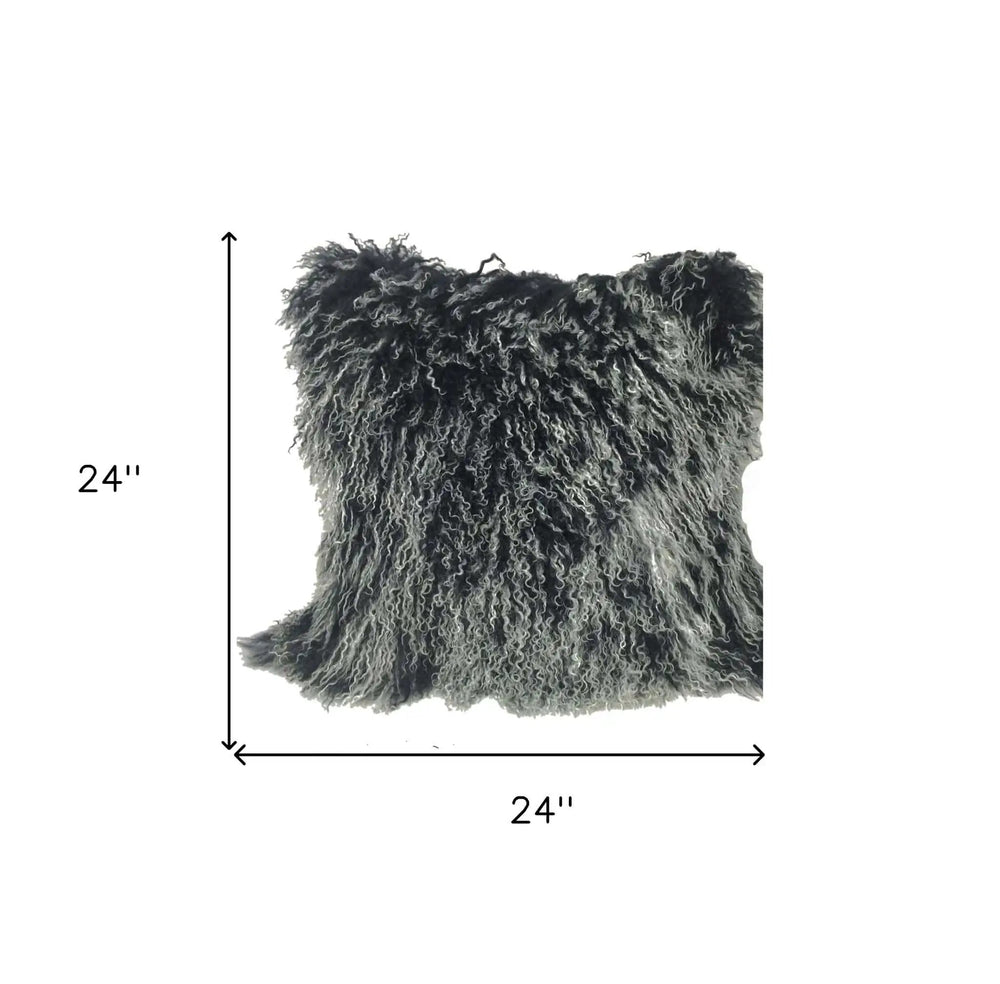 24" Black Genuine Tibetan Lamb Fur Pillow With Microsuede Backing - Homeroots - Flyclothing LLC