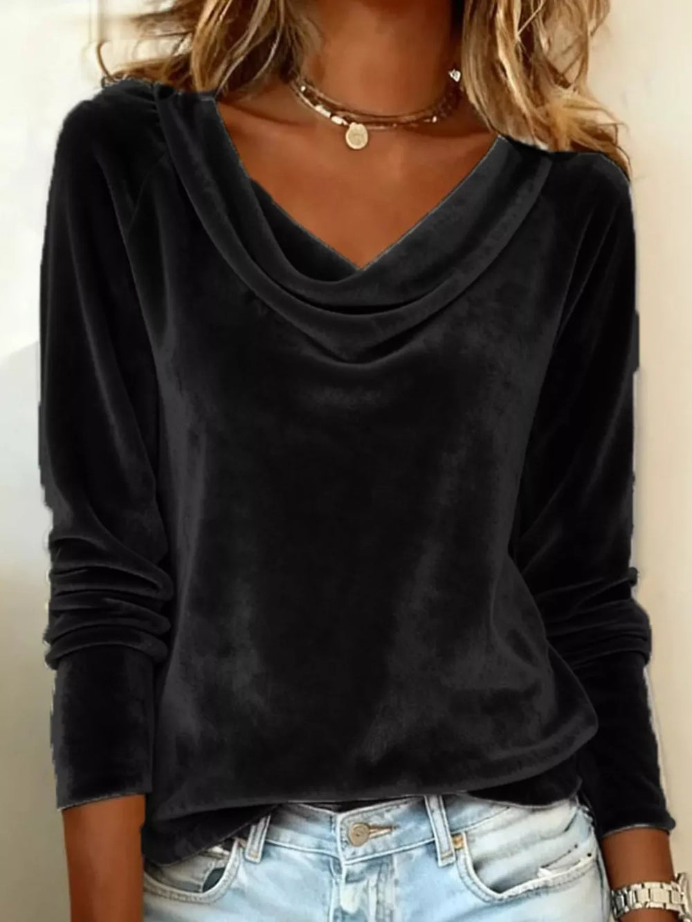 Velvet Cowl Neck Long Sleeve Top - Trendsi - Flyclothing LLC