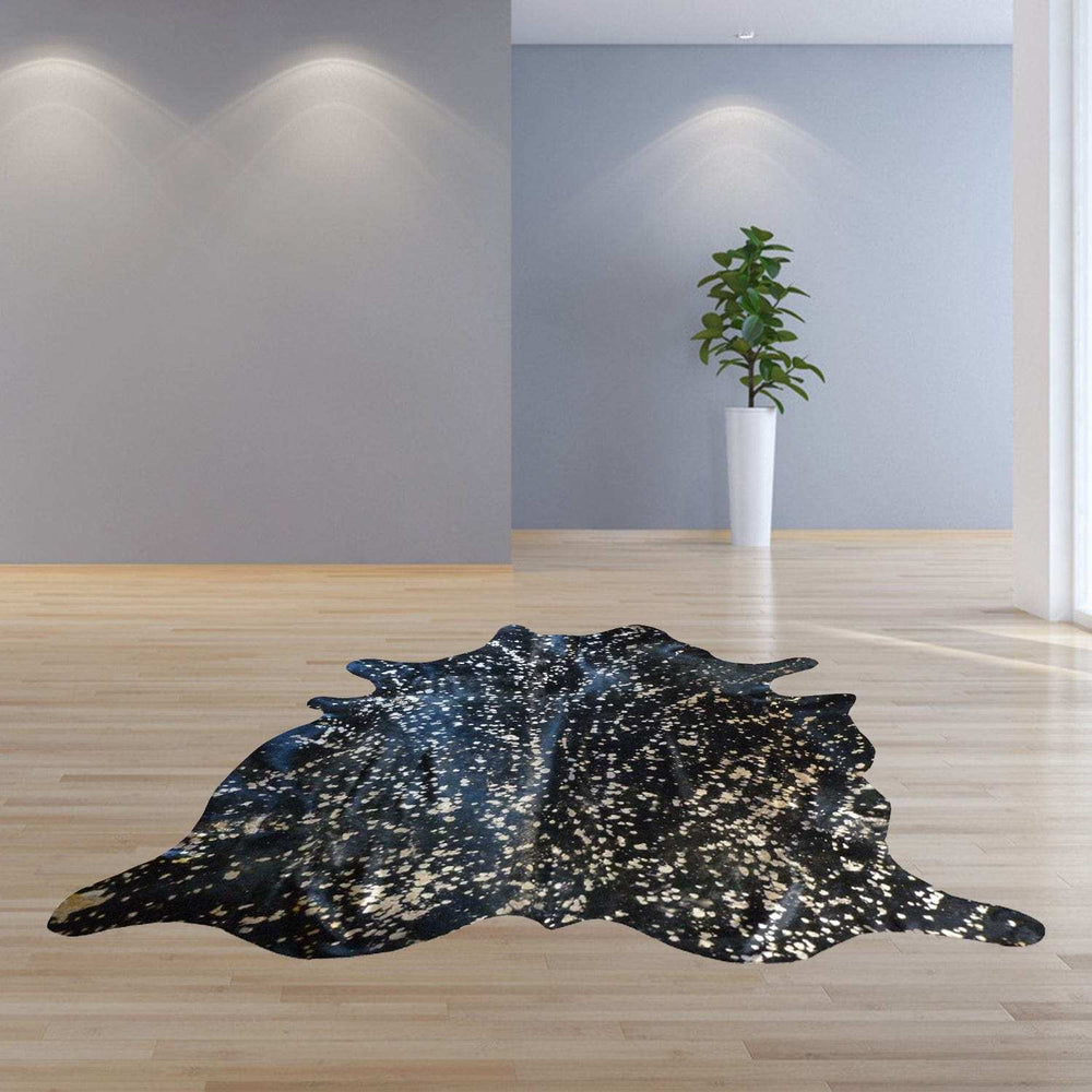 6 Ft Gold Devore On Black Stenciled Cowhide Rug - Homeroots - Flyclothing LLC