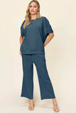 Double Take Full Size Texture Short Sleeve Top and Pants Set - Trendsi - Flyclothing LLC