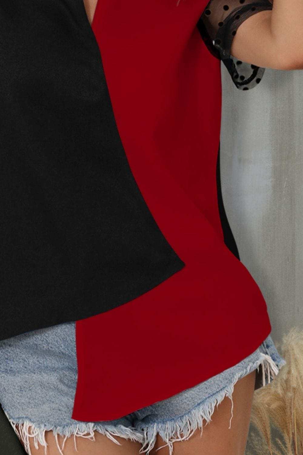 Color Block Notched Short Sleeve T-Shirt - Trendsi - Flyclothing LLC