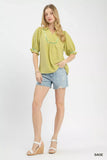 Umgee Scalloped Trim Blouse with Puff Sleeves - Trendsi - Flyclothing LLC