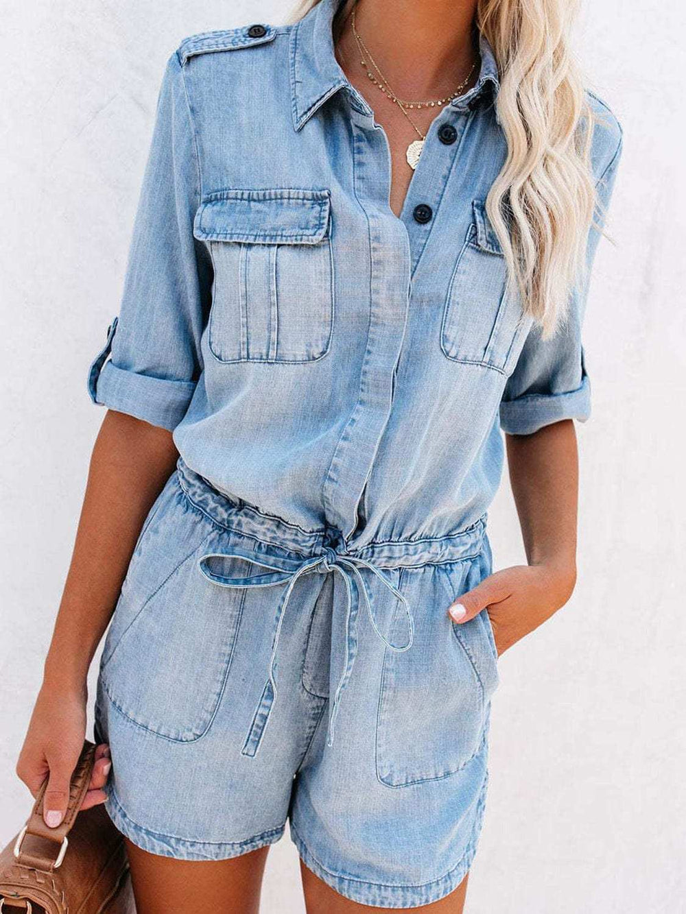 Drawstring Half Button Half Sleeve Denim Romper - Trendsi - Flyclothing LLC