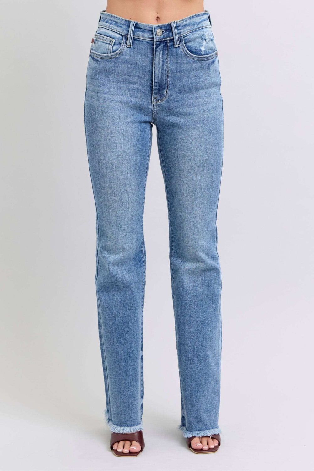 Judy Blue Full Size Raw Hem High Rise Bootcut Jeans - Trendsi - Flyclothing LLC