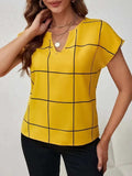 Plaid Contrast Notched Blouse - Trendsi - Flyclothing LLC