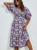 Smocked Floral Square Neck Short Sleeve Dress - Trendsi - Flyclothing LLC