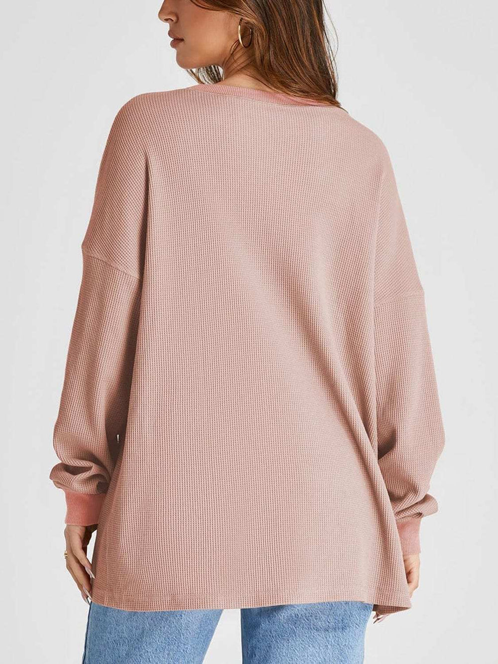 Waffle Knit Round Neck Long Sleeve T-Shirt - Trendsi - Flyclothing LLC