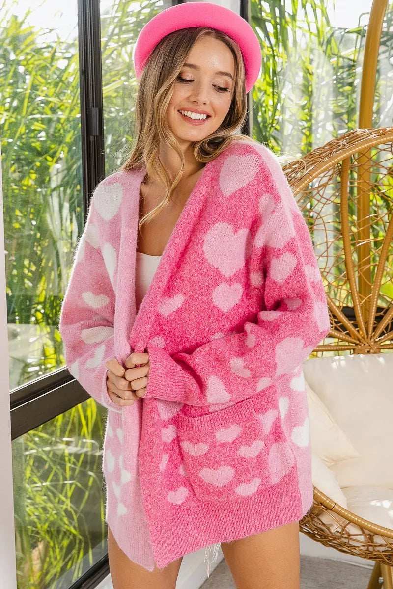 BiBi Heart Color Block V-Beck Knit Cardigan with Pockets - Trendsi - Flyclothing LLC