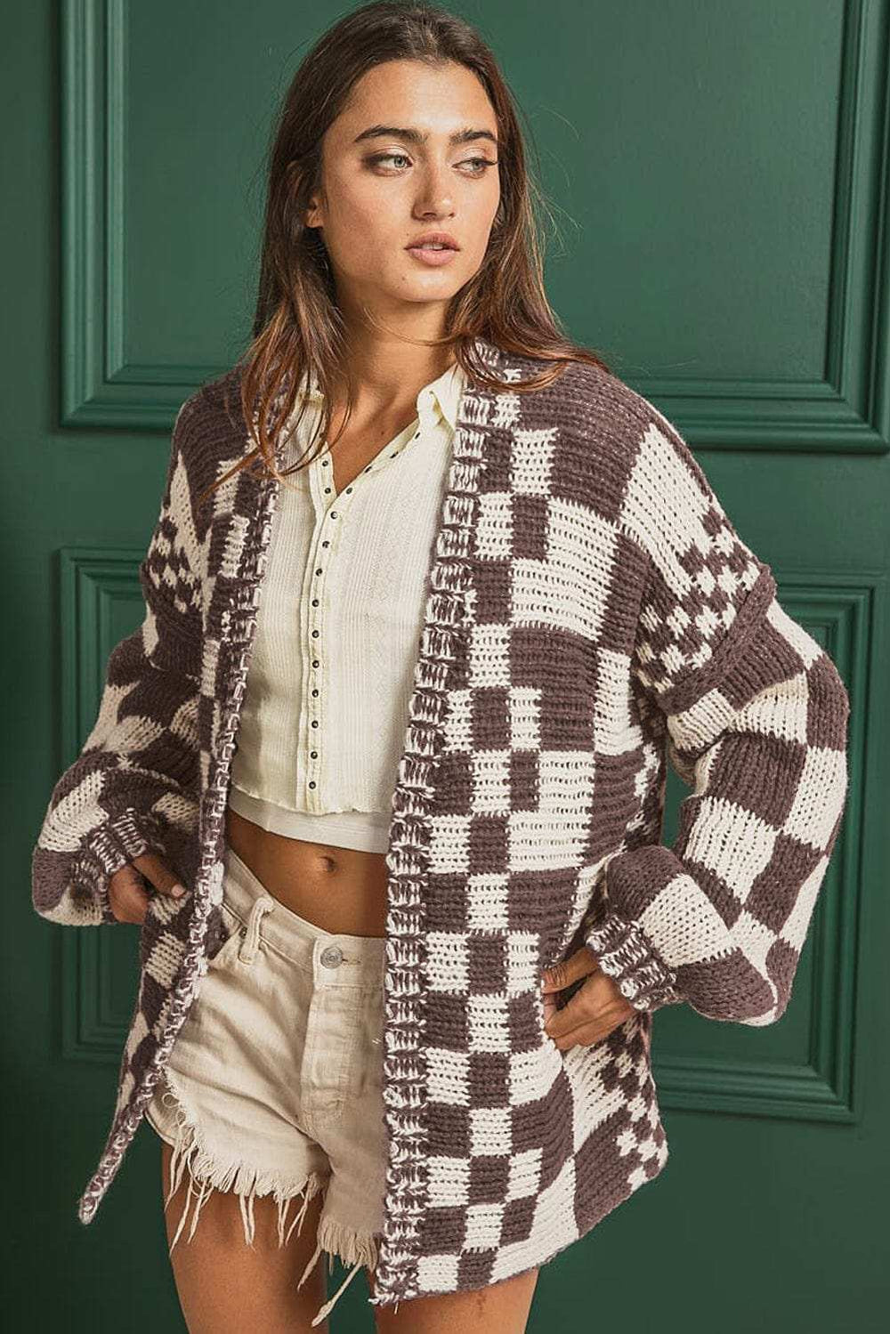 Checkered Open Front Long Sleeve Cardigan - Trendsi - Flyclothing LLC