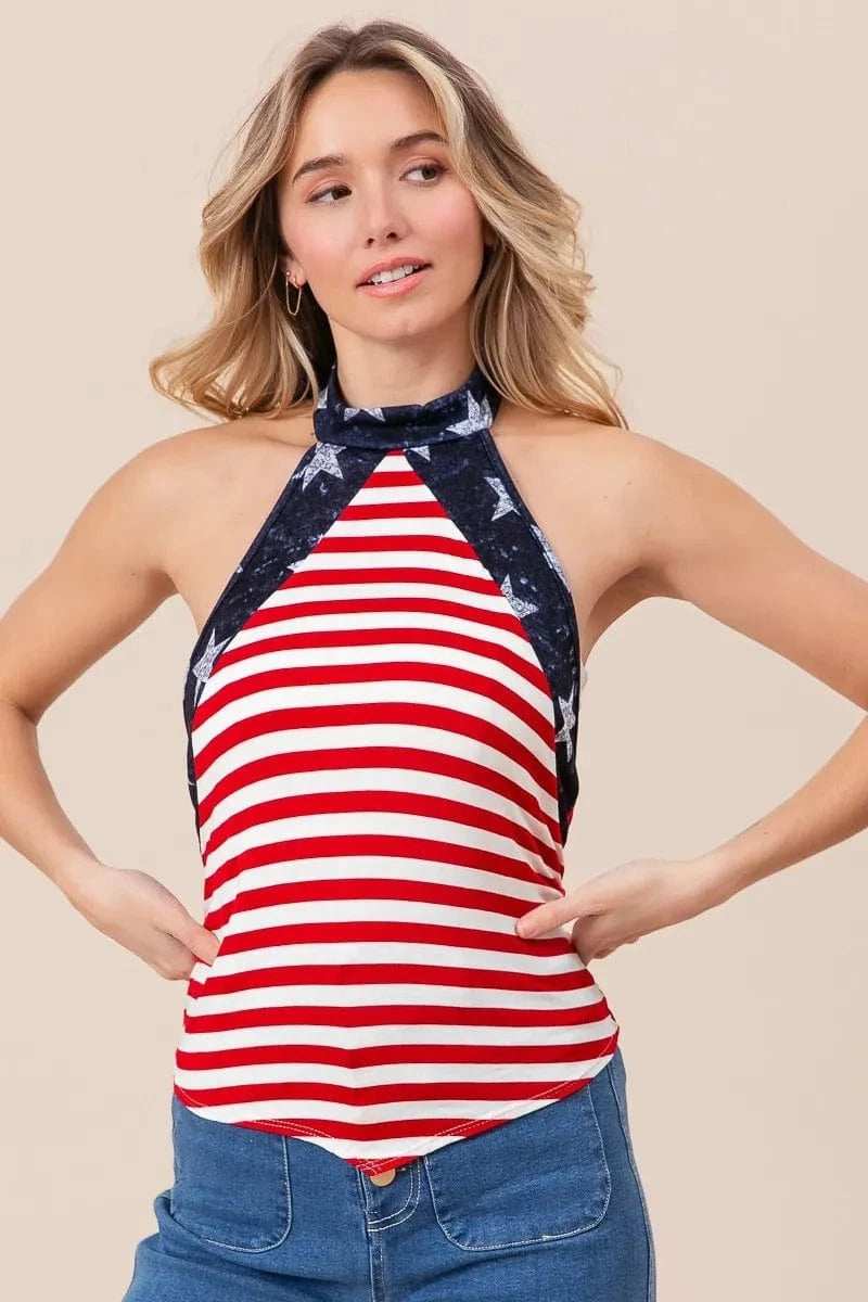 BiBi Stripe Jersey with Star Halter Neck with Tie Back - Trendsi - Flyclothing LLC
