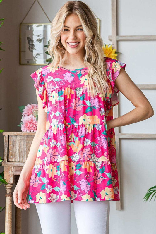 Heimish Full Size Floral Ruffle Sleeve Tiered Blouse - Trendsi - Flyclothing LLC