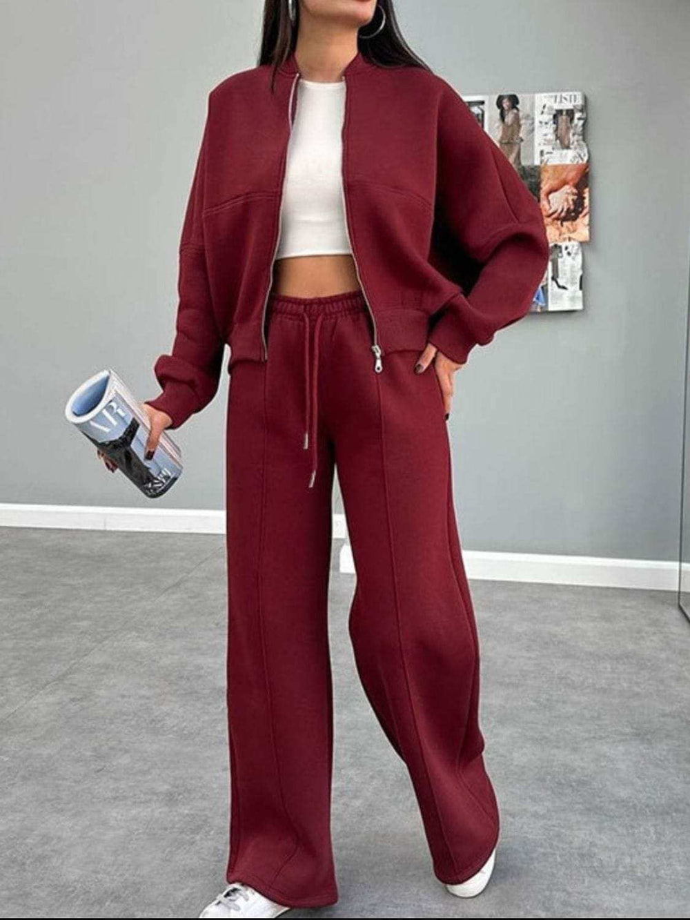 Baseball Collar Zip Up Top and Drawstring Paants Set - Trendsi - Flyclothing LLC