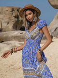 Printed V-Neck Cap Sleeve Midi Dress - Trendsi - Flyclothing LLC