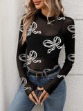 Printed Mock Neck Long Sleeve Mesh T-Shirt - Trendsi - Flyclothing LLC