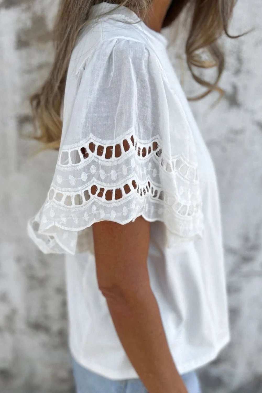 Hollow Out Embroidered Short Sleeve Round Neck Top - Trendsi - Flyclothing LLC