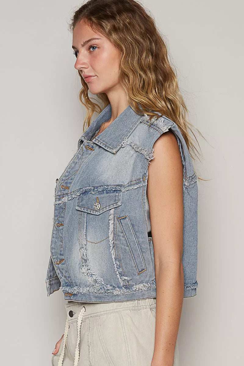 POL Assymetrical Front Closure Raw Hem Denim Vest - Trendsi - Flyclothing LLC