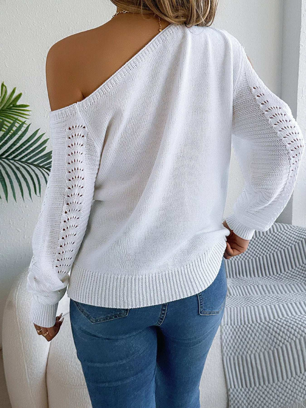 Openwork One Shoulder Cutout Long Sleeve Sweater - Trendsi - Flyclothing LLC
